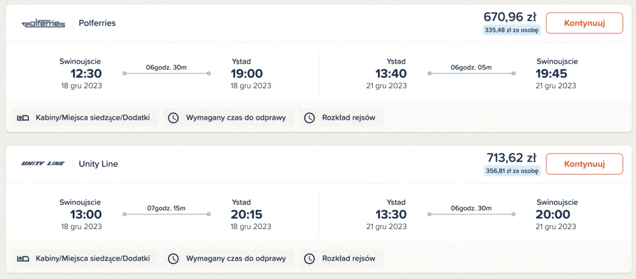 Rezerwacja promu Świnoujście Ystad. Dostępne połączenia Polferries i Unity Line z różnymi godzinami wypłynięcia i przybycia.