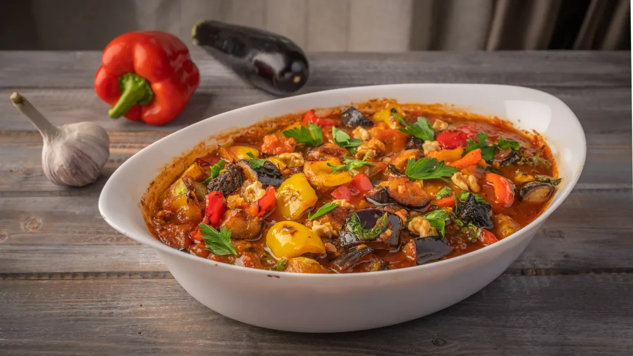 Aromatyczny gulasz warzywny z papryką, bakłażanem i orzechami. Idealne przyprawy do gulaszu podkreślają smak.