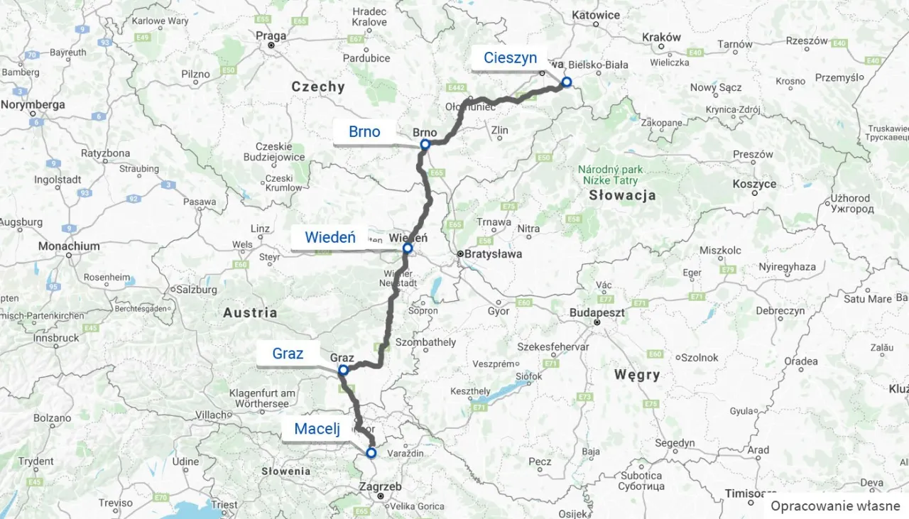 Mapa trasy Polska Wiedeń samochodem