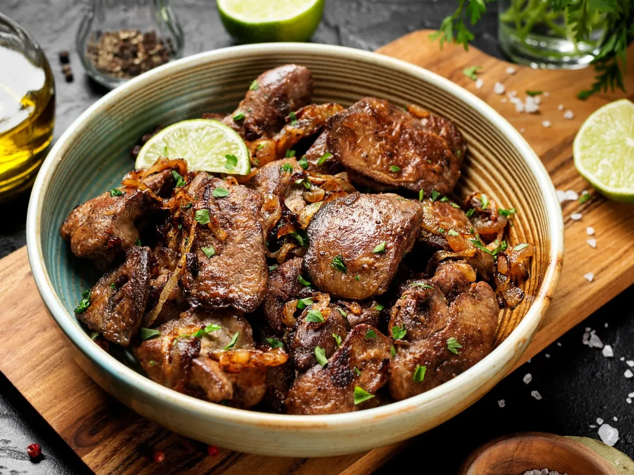 Smażona wątr&oacute;bka drobiowa z cebulką i limonką. Idealna, gdy wiesz, jak długo gotować wątr&oacute;bkę drobiową, by była soczysta.