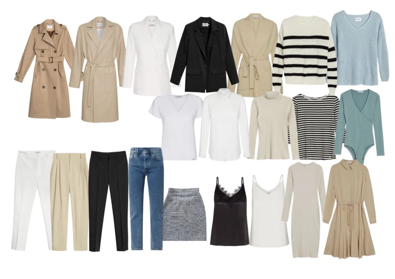 Kolekcja eleganckich stylizacji damskich: trencze, marynarki, spodnie, sukienki, swetry i bluzki w neutralnych kolorach.