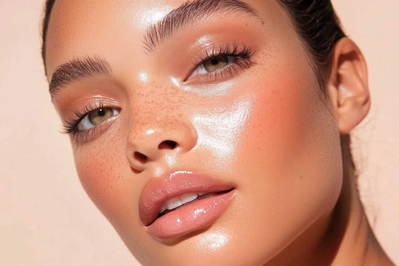 Błyszcząca cera z piegami i różem na policzkach, idealny przykład, jak rozświetlić twarz.