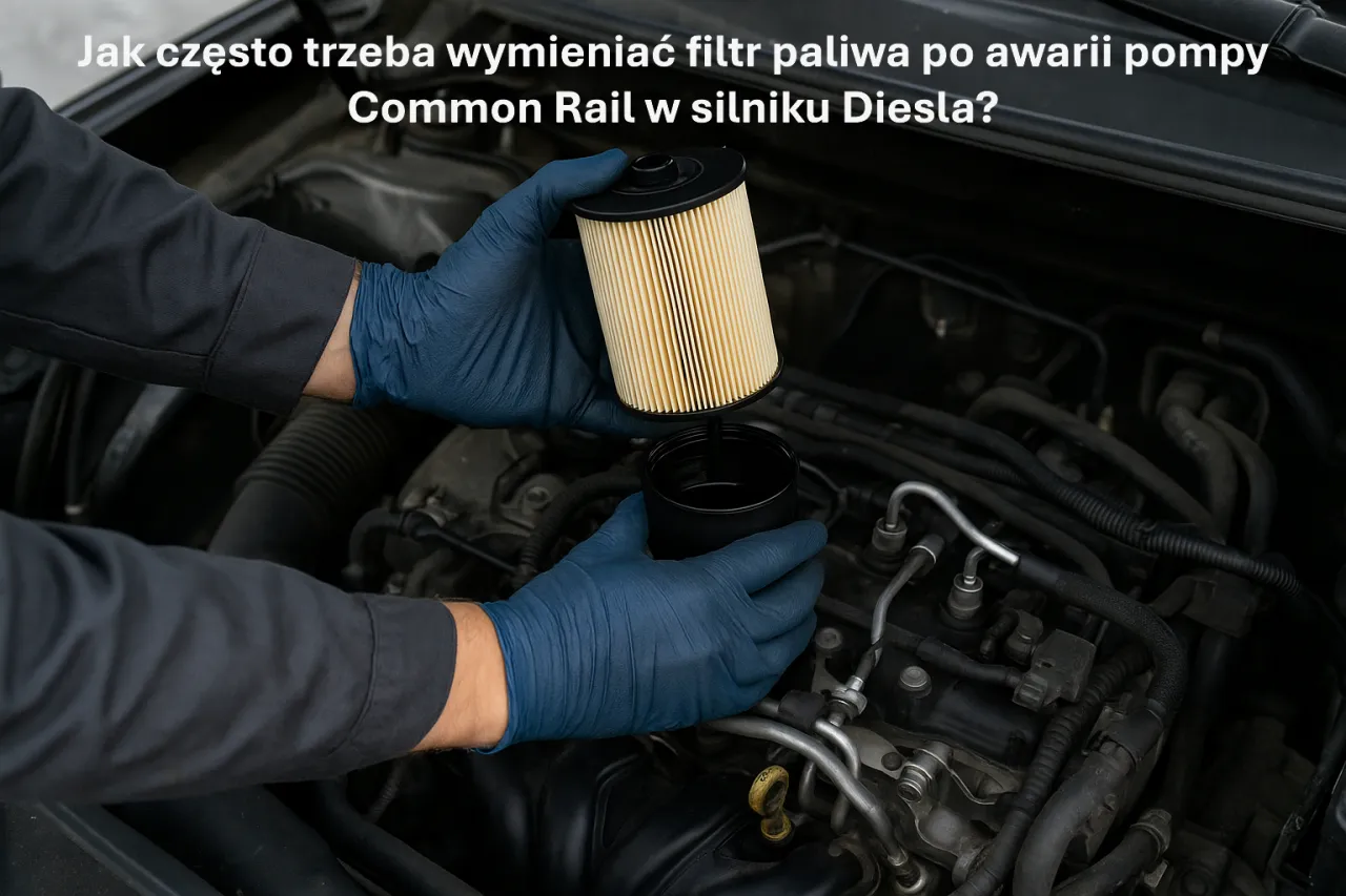 Mechanik w niebieskich rękawiczkach wymienia filtr paliwa w silniku Diesla Common Rail.