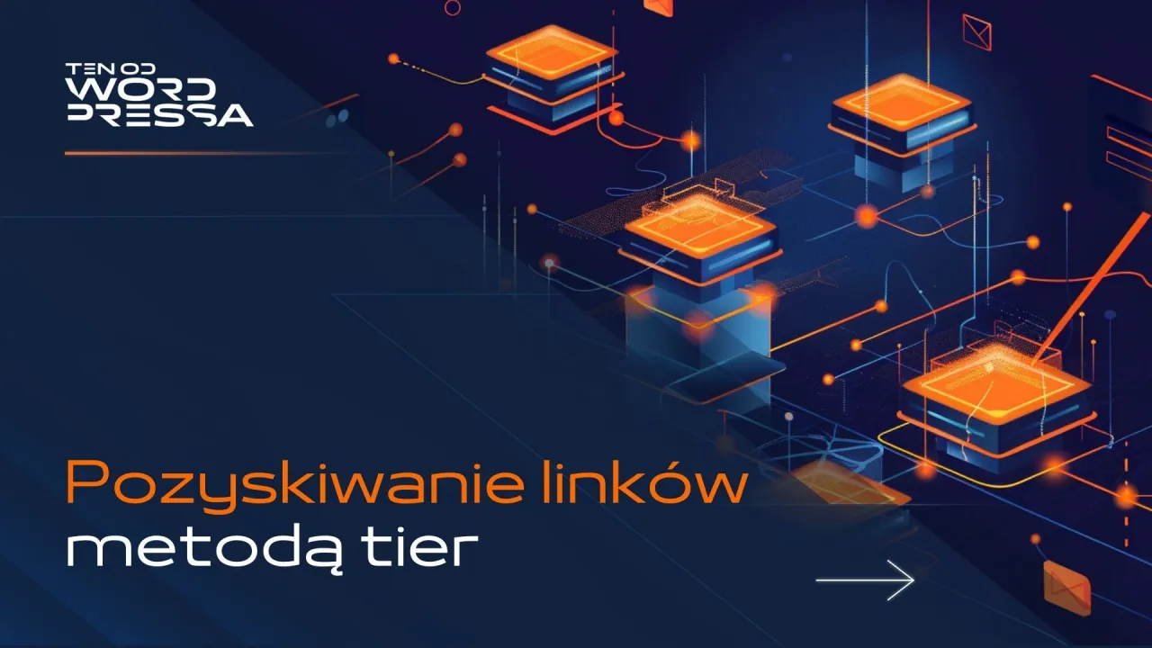 Grafika przedstawia schematyczne wieże serwer&oacute;w połączone liniami, symbolizujące pozyskiwanie link&oacute;w zwrotnych metodą tier.