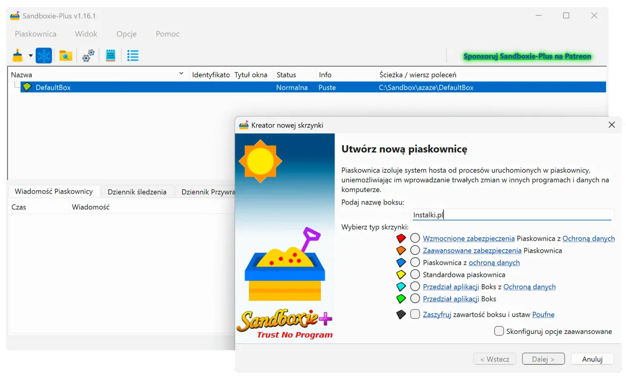 Tworzenie nowej piaskownicy w Sandboxie. To narzędzie izoluje system od uruchomionych procesów, chroniąc komputer.