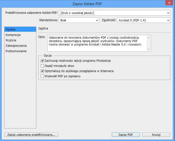 Photoshop eksport do PDF ustawienia druk