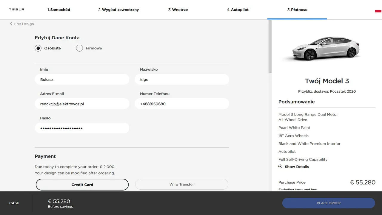Podsumowanie zam&oacute;wienia Tesli Model 3: cena 55.280 &euro;. Konfiguracja, dane konta i płatność.