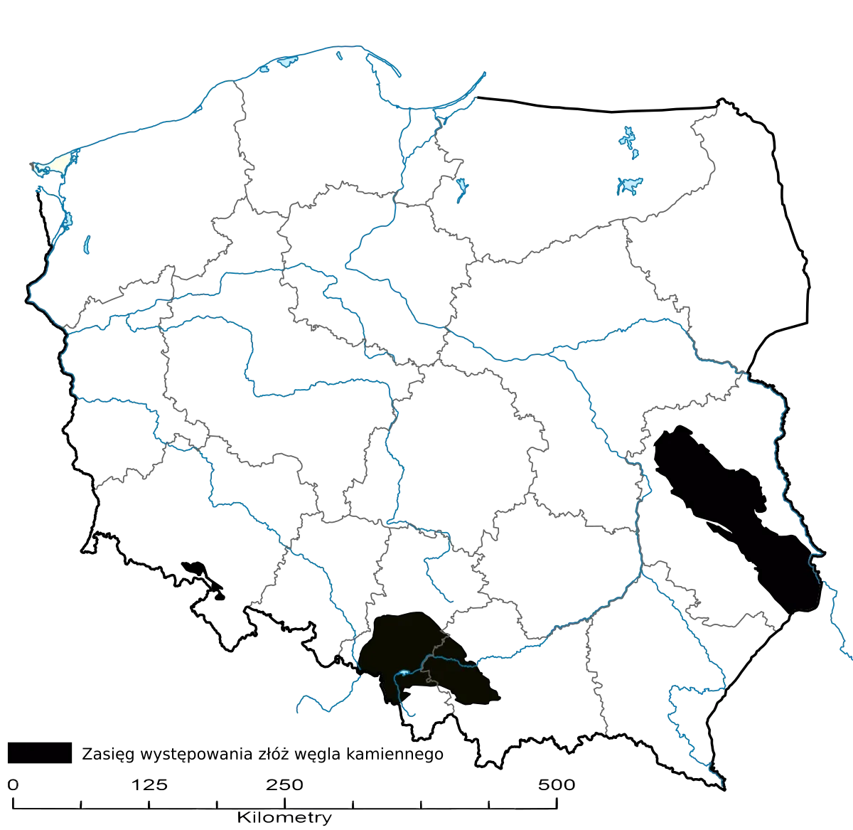 Mapa Polski z zaznaczonym Śląskiem i trasami transportu węgla