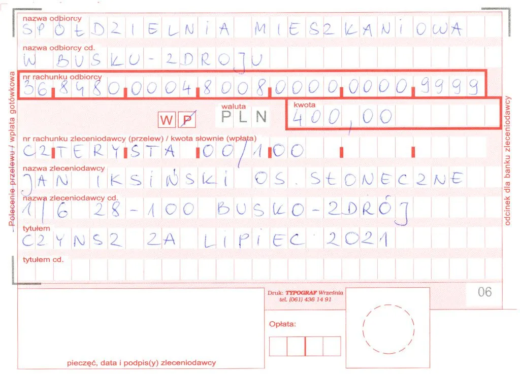 przykładowy rachunek za czynsz spółdzielni mieszkaniowej