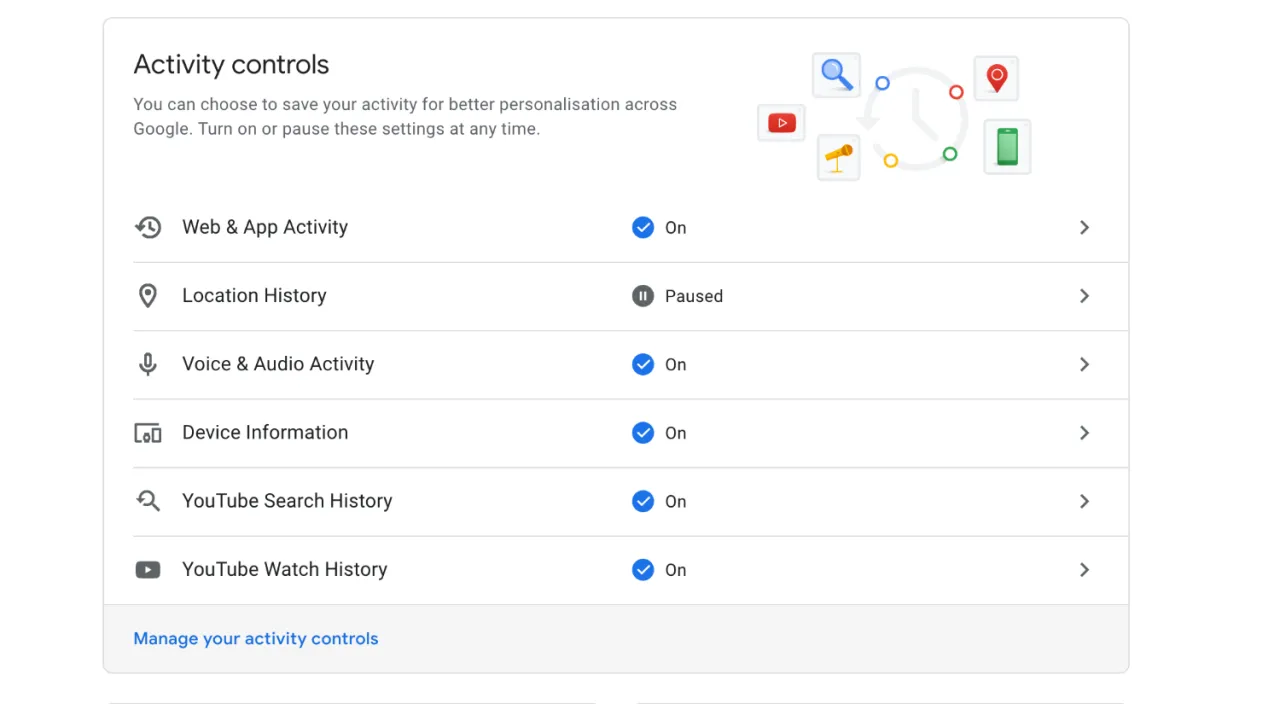 Google Activity Controls pause history
