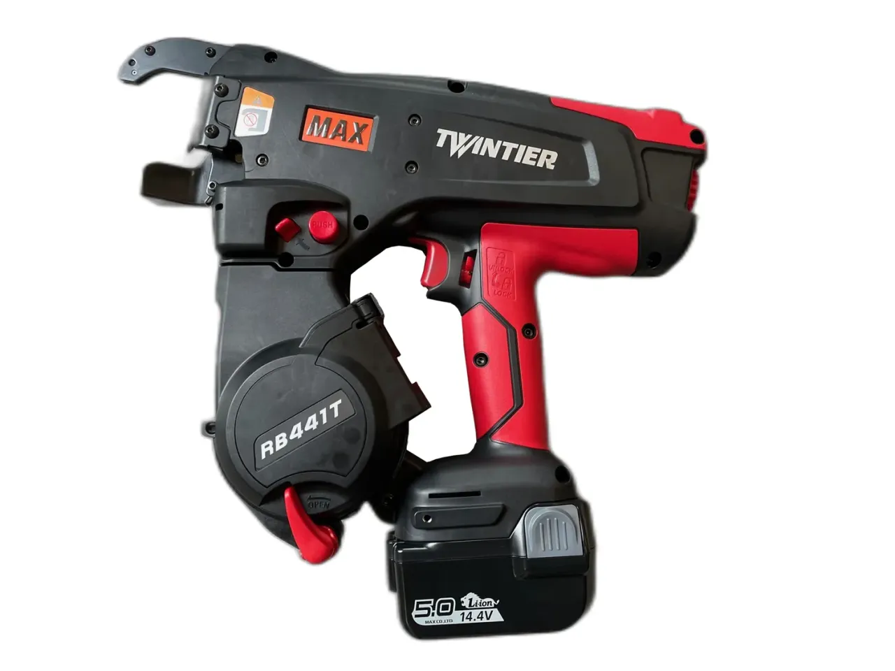 Profesjonalne wiązarki do zbrojeń MAX Twintier RB441T zasilane akumulatorowo, ułatwiające pracę na budowie.