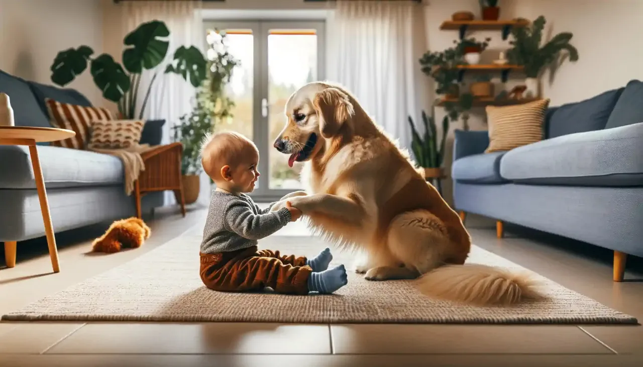 golden retriever bawi się z dziećmi