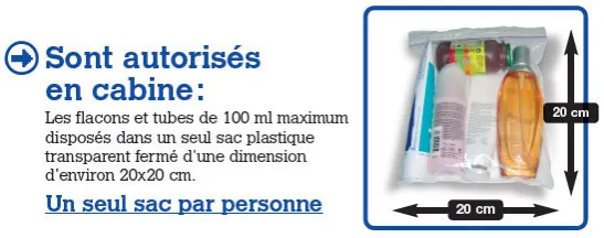 liquides autorisés en cabine dans un sac en plastique transparent à l'aéroport