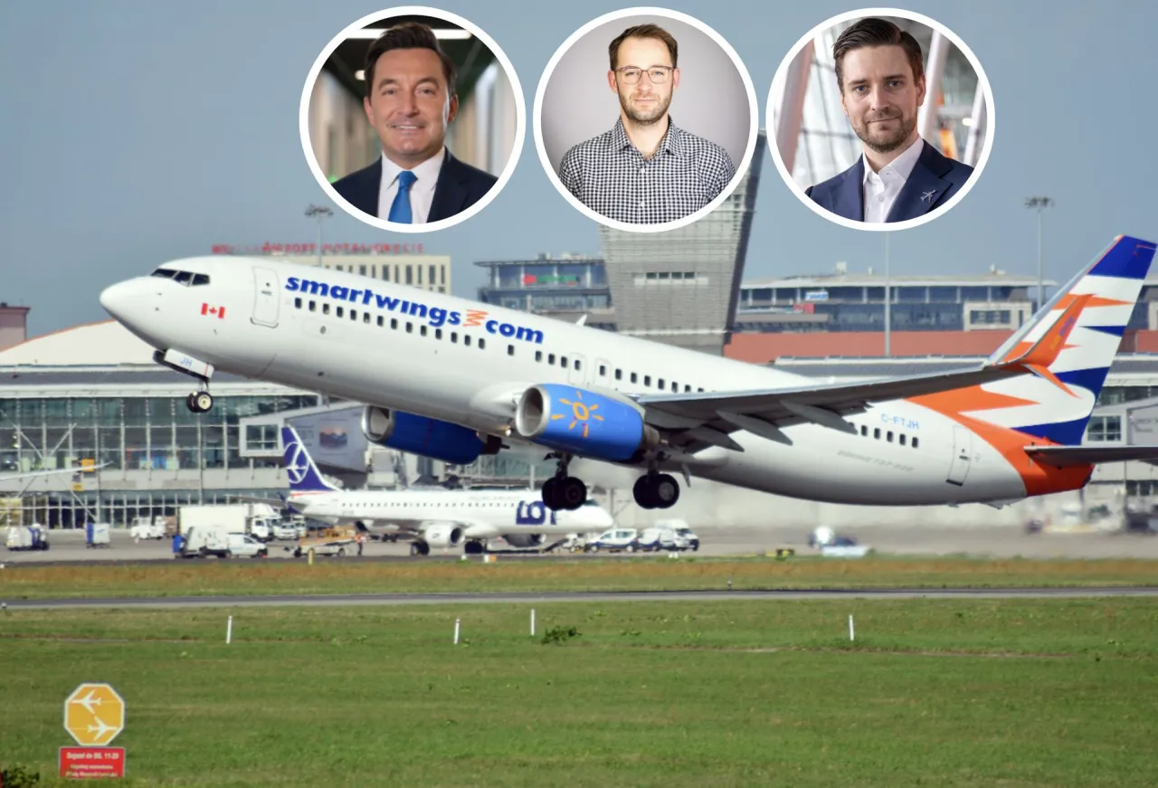 Samolot Smartwings startuje. Trzech mężczyzn w okręgach nad nim. Zastanawiasz się, ile trwa lot do Szwajcarii?