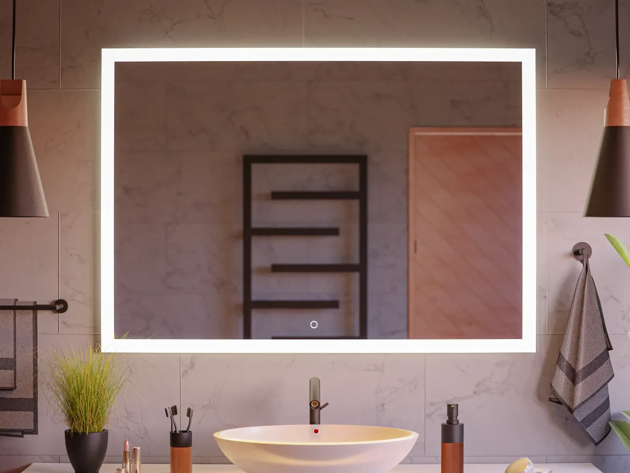 Nowoczesne lustro łazienkowe z delikatnym podświetleniem LED od tyłu, tworzące subtelną aurę.