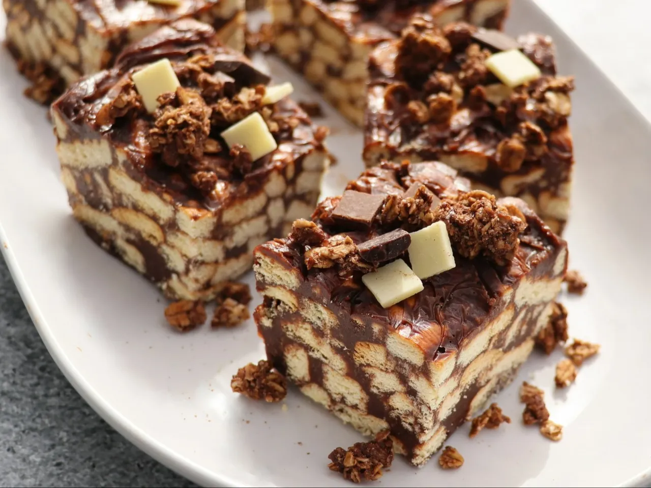 Czekoladowy deser z biszkoptów i bakalii, idealny jako alternatywa co na deser zamiast ciasta.