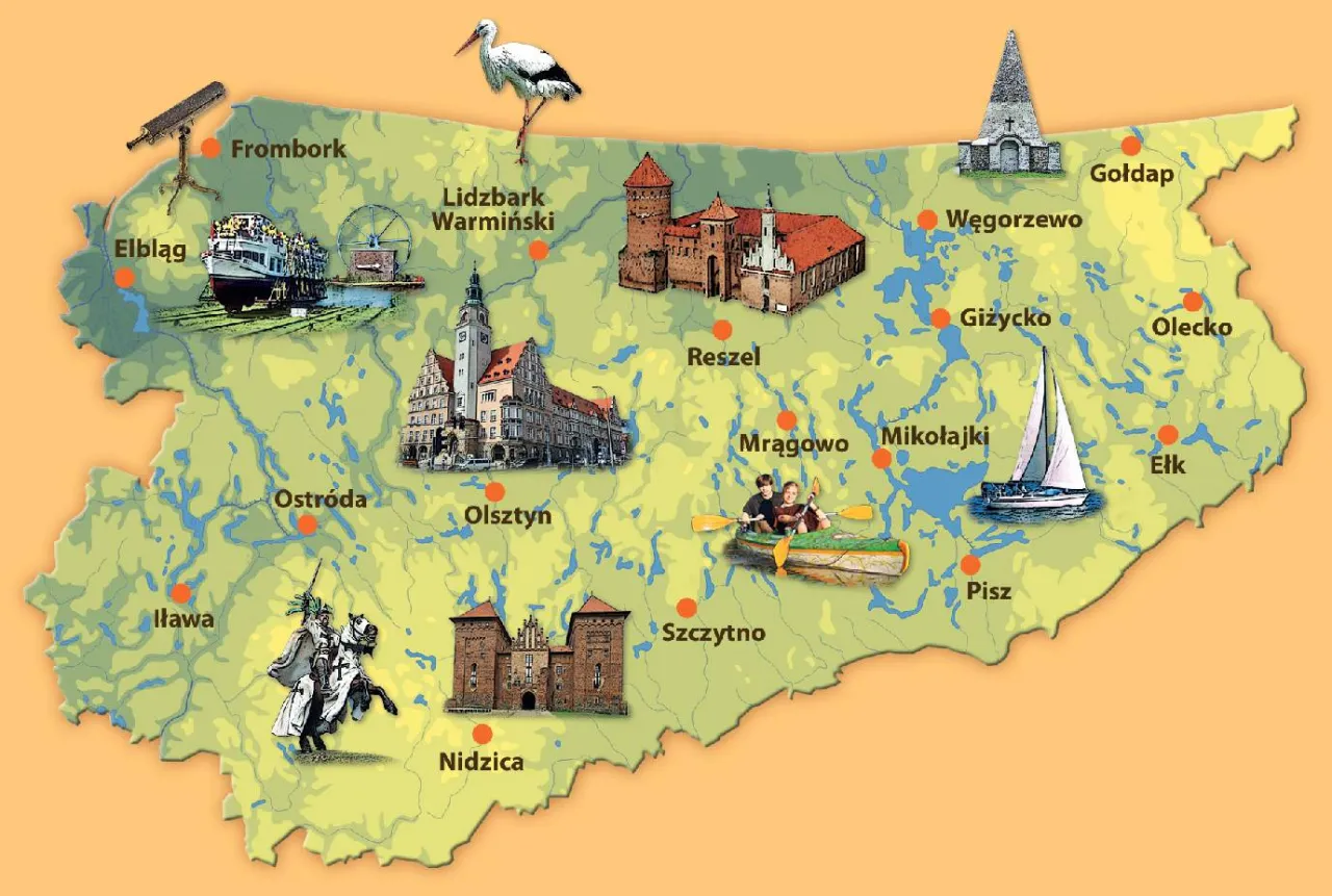 Mapa atrakcji Warmii i Mazur