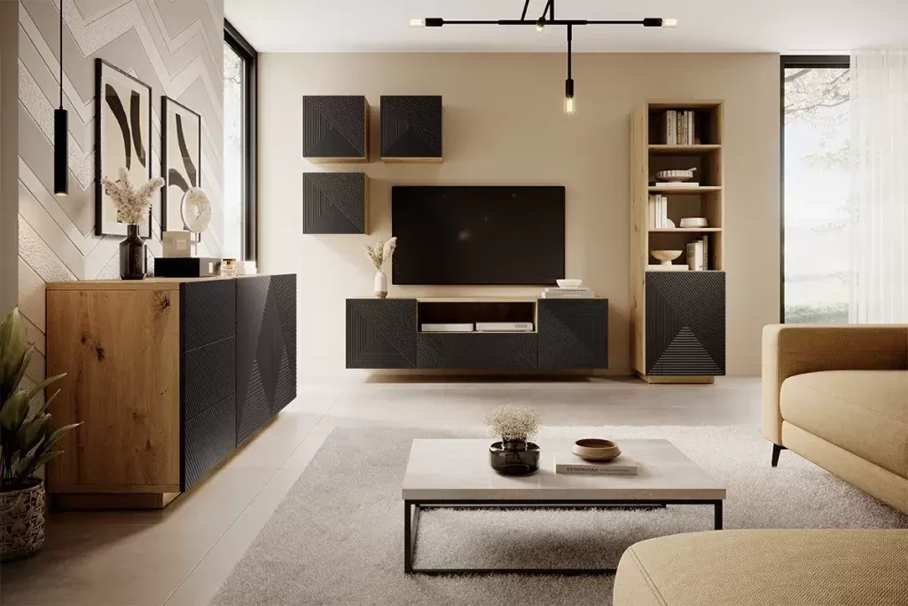 jasne tekstylia do salonu z ciemnymi meblami