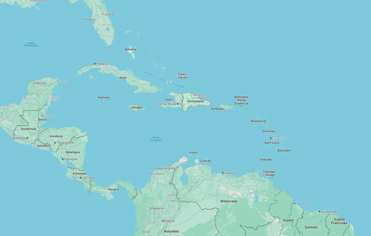 Mapa Karaibów z zaznaczoną Dominikaną. Idealne miejsce na wakacje, kiedy lecieć na Dominikanę? Sprawdź na mapie!