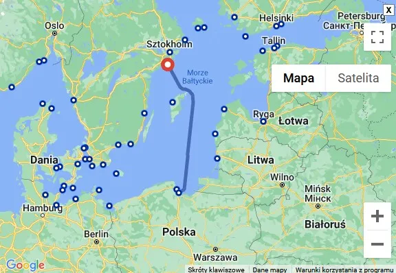 Mapa połączeń promowych Polska Szwecja