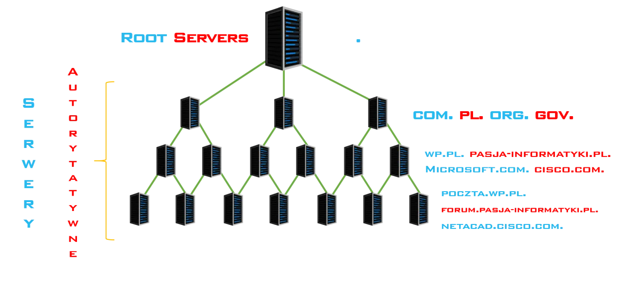Hierarchia serwer&oacute;w DNS, wyjaśniająca, co to jest domena internetowa. Od serwer&oacute;w gł&oacute;wnych po konkretne adresy stron.