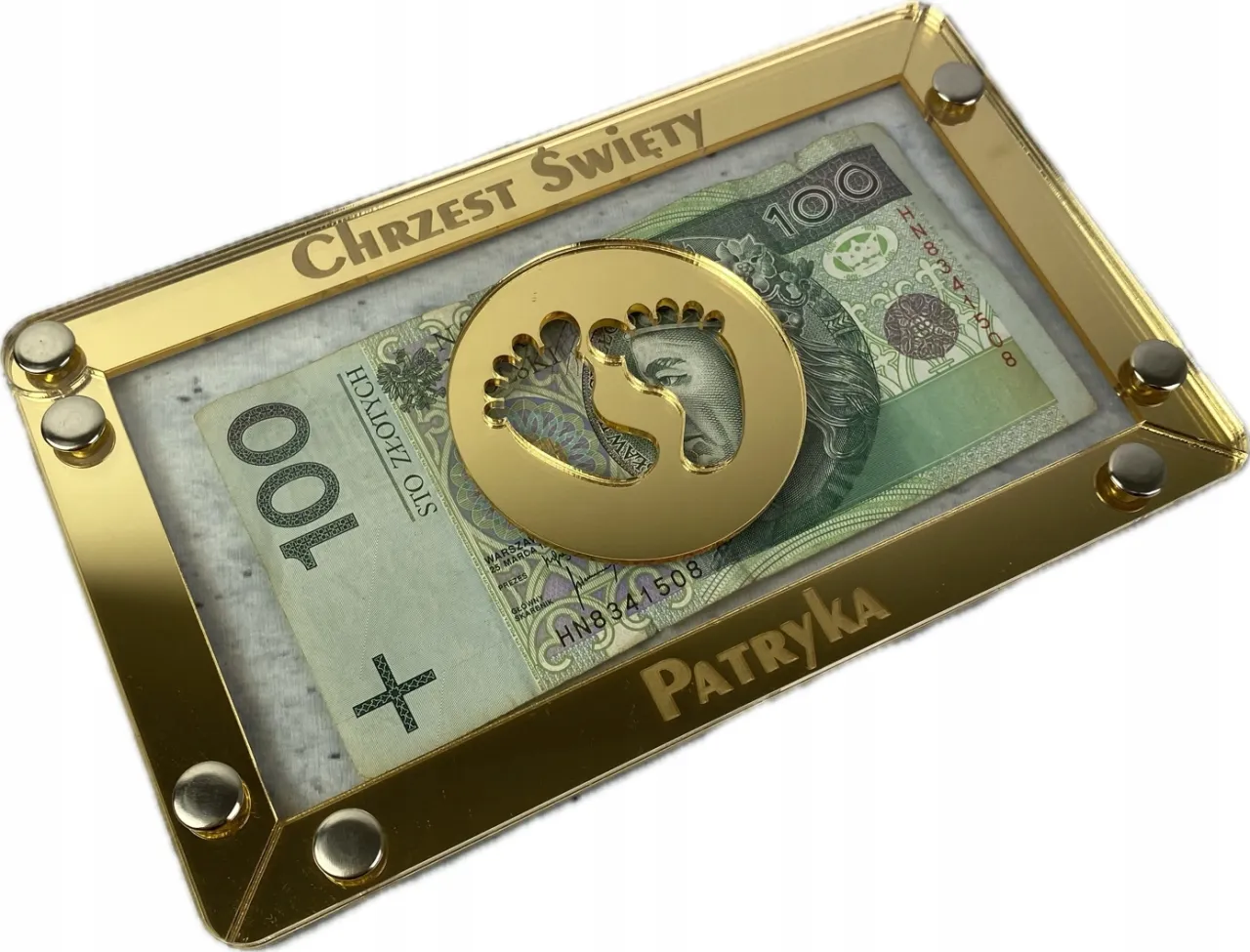 koperta z pieniędzmi na chrzciny, banknoty złote monety