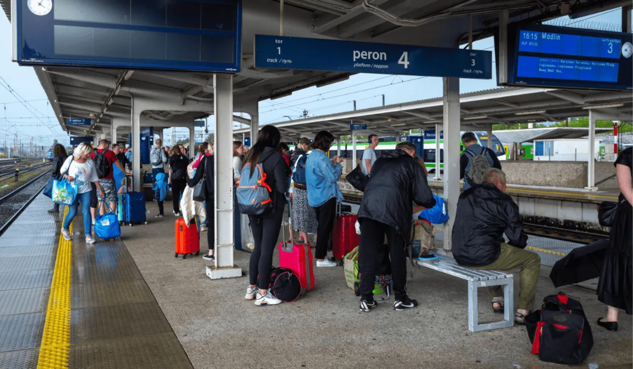 osoba sprawdza peron pociągu na telefonie na dworcu