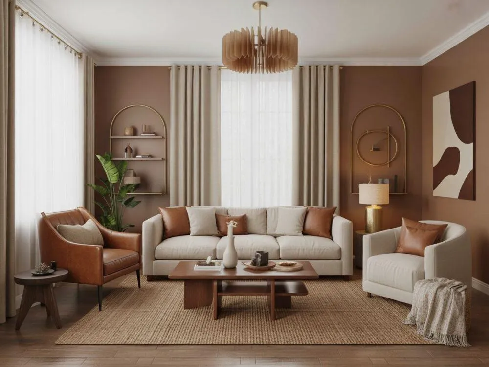 inspiracje salon brąz beż z akcentami kolorystycznymi