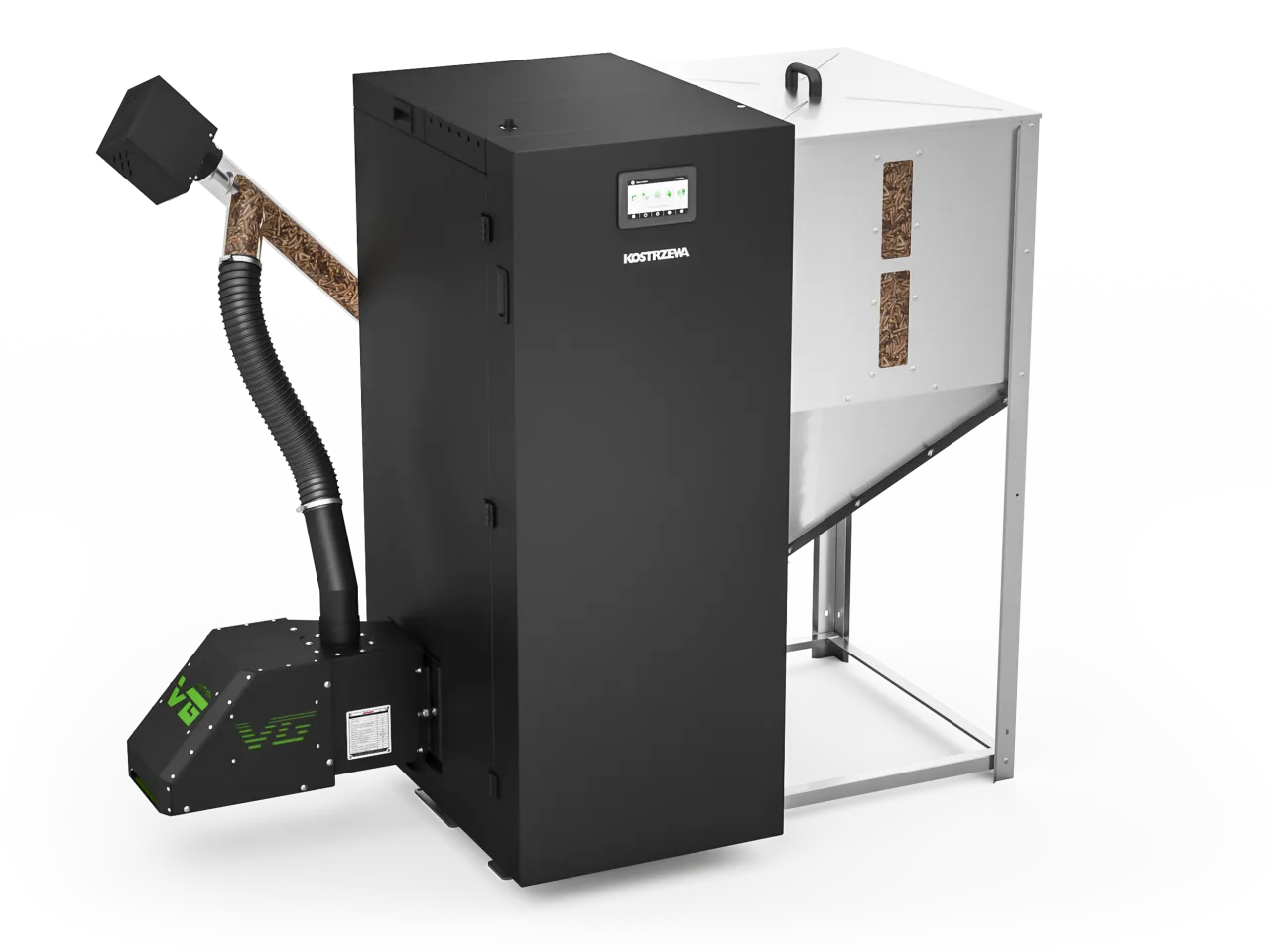 Nowoczesny kocioł na pellet o mocy 50 kW z zasobnikiem i automatycznym podajnikiem. Efektywne i ekologiczne ogrzewanie.