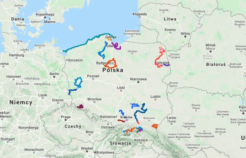 Mapa tras rowerowych w Polsce