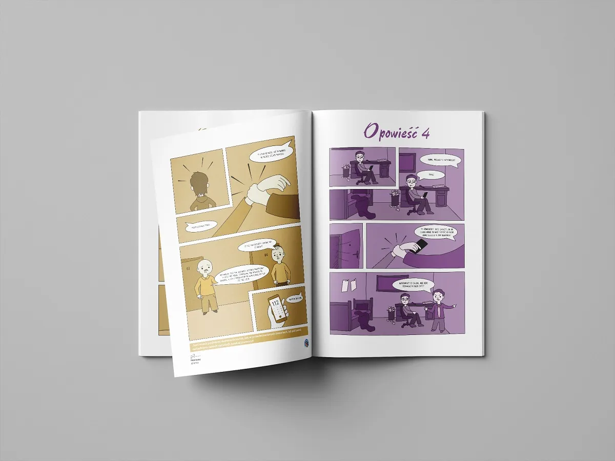 Otwarta książka z komiksem. Na stronach panele z rysunkami, dialogami. Czy komiks to utw&oacute;r literacki? Tak, bo opowiada historie.