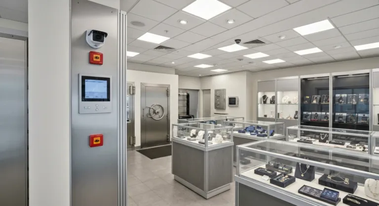 wnętrze lombardu z sejfem i monitoringiem