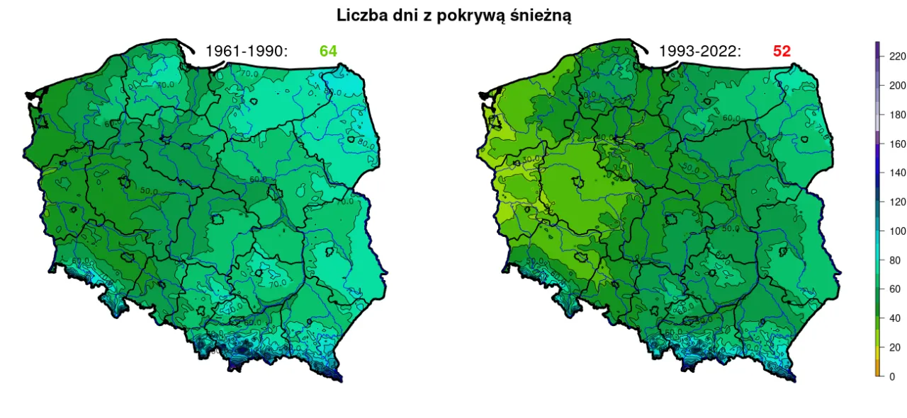 Mapa zmian pokrywy śnieżnej w Polsce w ostatnich dekadach