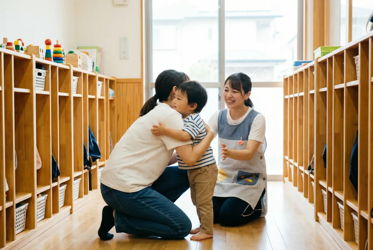 Mama tuli dziecko do żłobka, gdzie czekała uśmiechnięta opiekunka. W tle widać regały z zabawkami i koszykami.