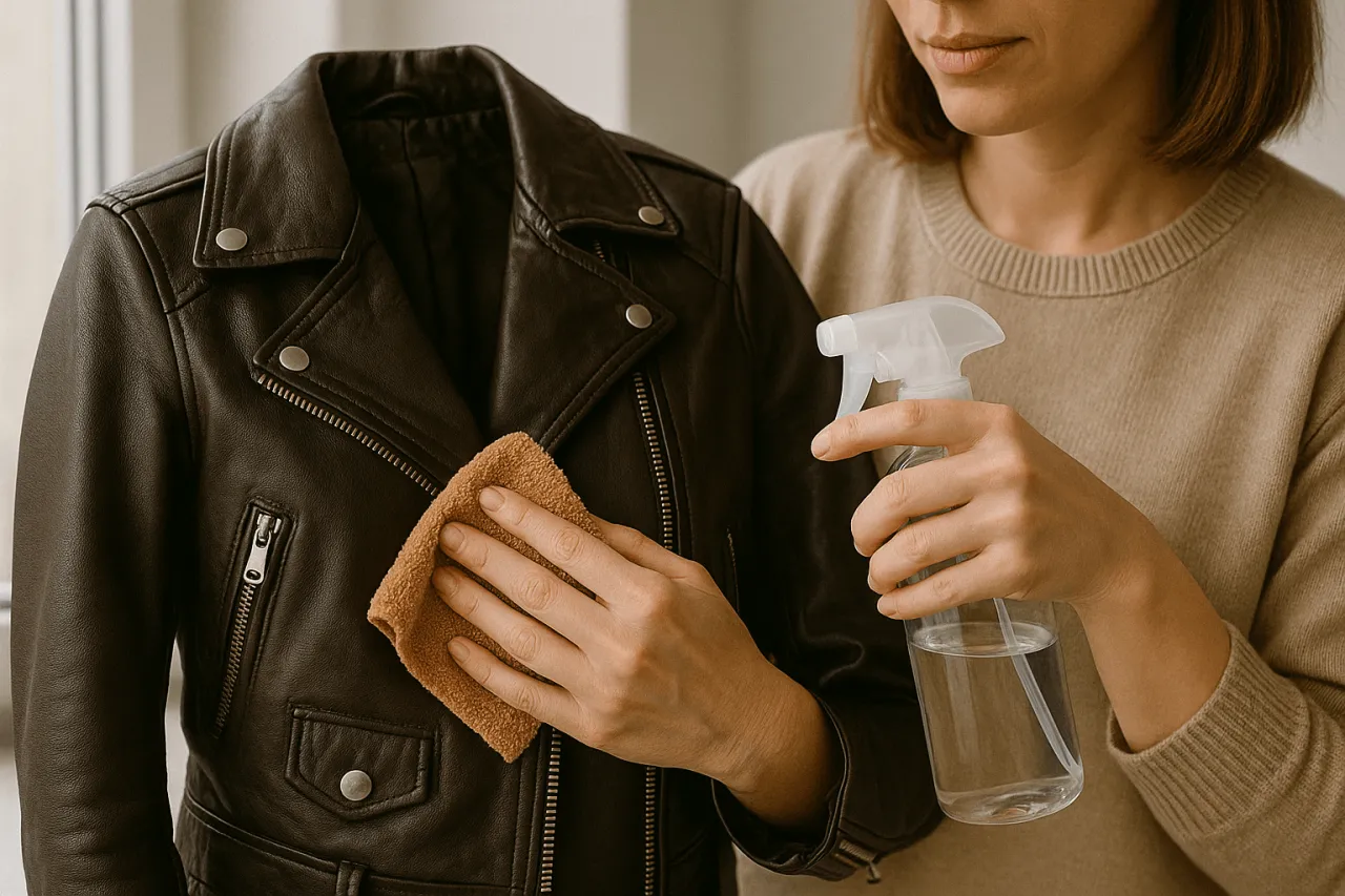 czyszczenie kołnierza sk&oacute;rzanej kurtki miękką szmatką