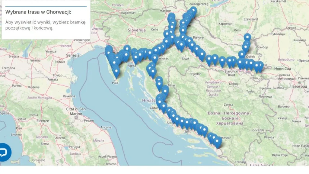 Mapa trasy Polska Chorwacja przez Słowację Węgry