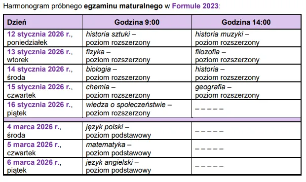 harmonogram matury 2026 tabela