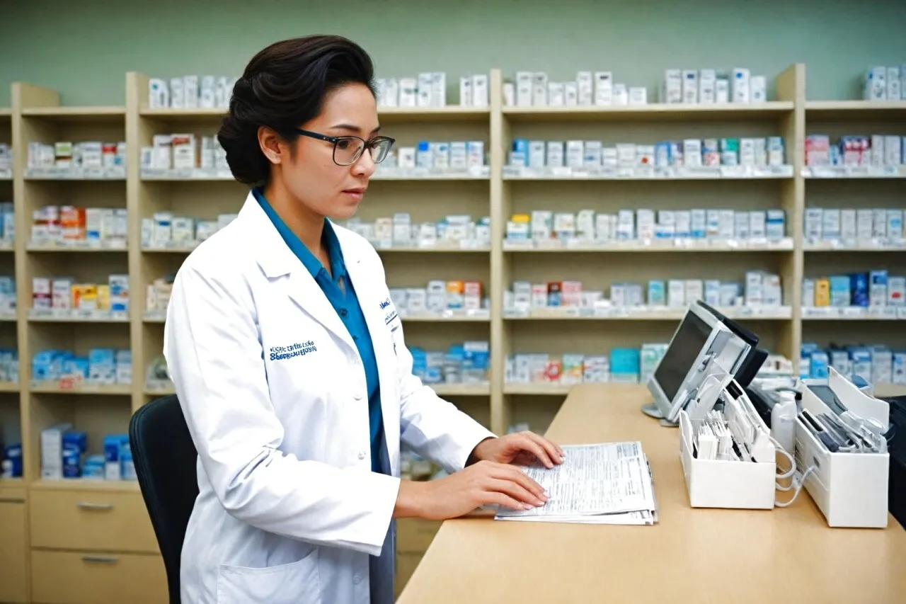 Farmaceutka w białym fartuchu analizuje dokumenty. W tle apteczne p&oacute;łki z lekami. To pokazuje, czym jest recepta farmaceutyczna.