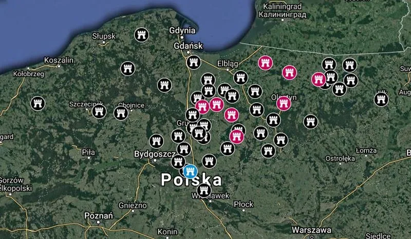 Mapa komandorii zakon&oacute;w rycerskich w Polsce średniowiecznej