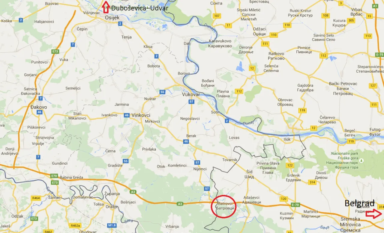 Mapa pokazuje drogę E70 i granicę, zaznaczony wjazd do Serbii w okolicach Batrovci.