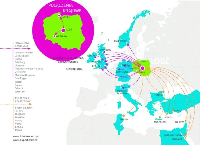 Mapa połączeń regularnych lotnisko Ł&oacute;dź