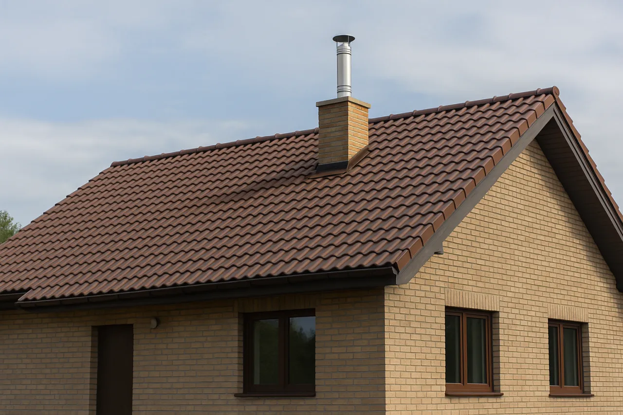 Nowy, ceglany dom z brązowym dachem i metalowym kominem do co.