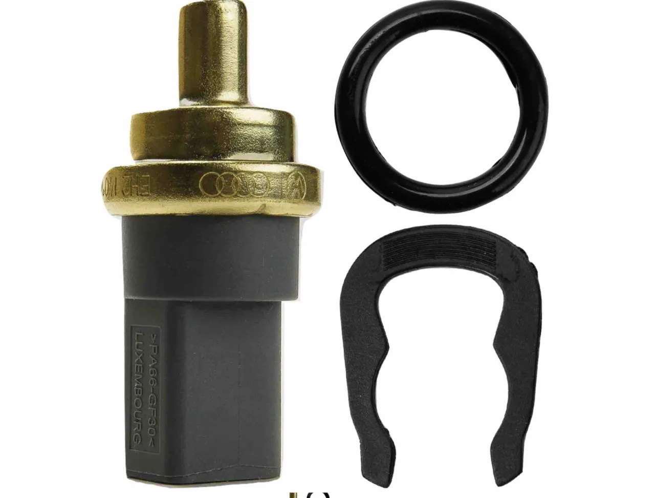 Uszkodzony czujnik temperatury silnika objawy mogą być r&oacute;żne. Na zdjęciu czujnik z uszczelką i klipsem.