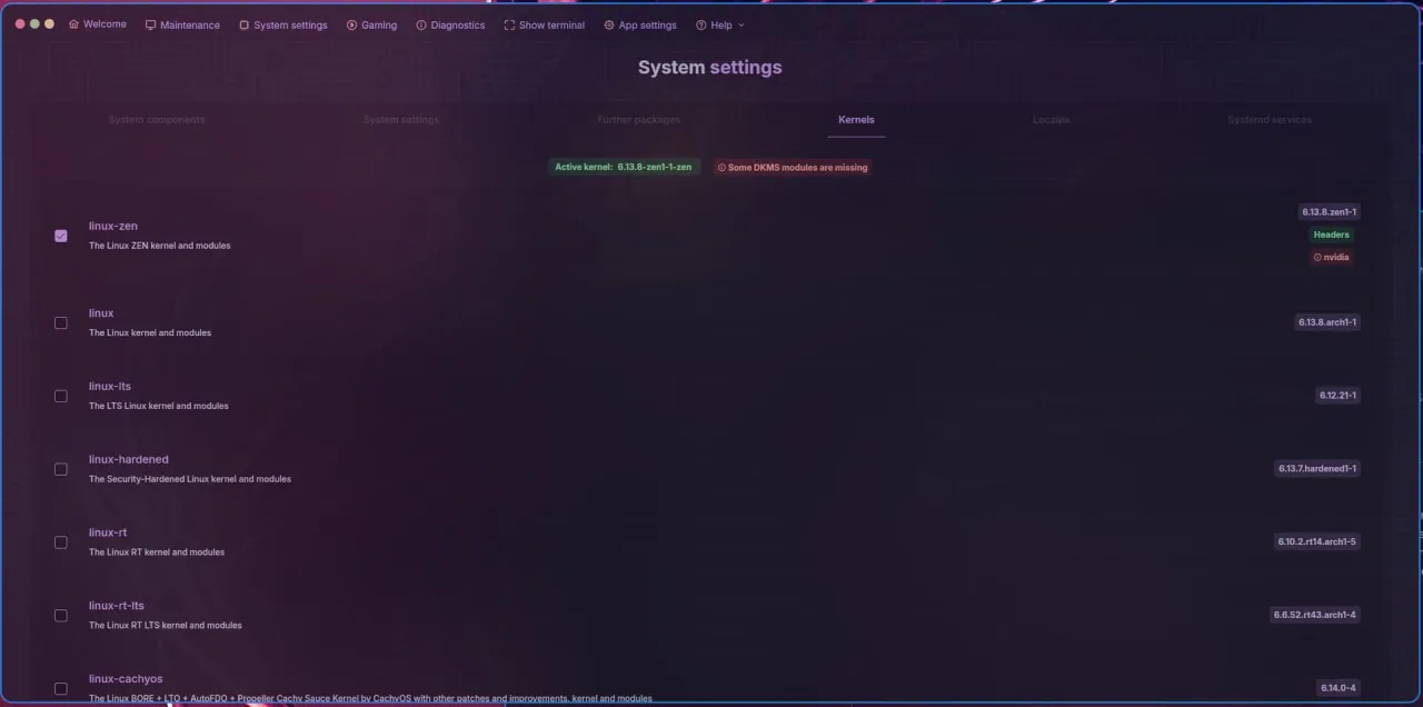 Ustawienia systemu Linux: aktywne jądro zen, niekt&oacute;re moduły DKMS brakujące. Dostępne jądra: linux-zen, linux, linux-lts, linux-hardened, linux-rt, linux-rt-lts, linux-cachyos.