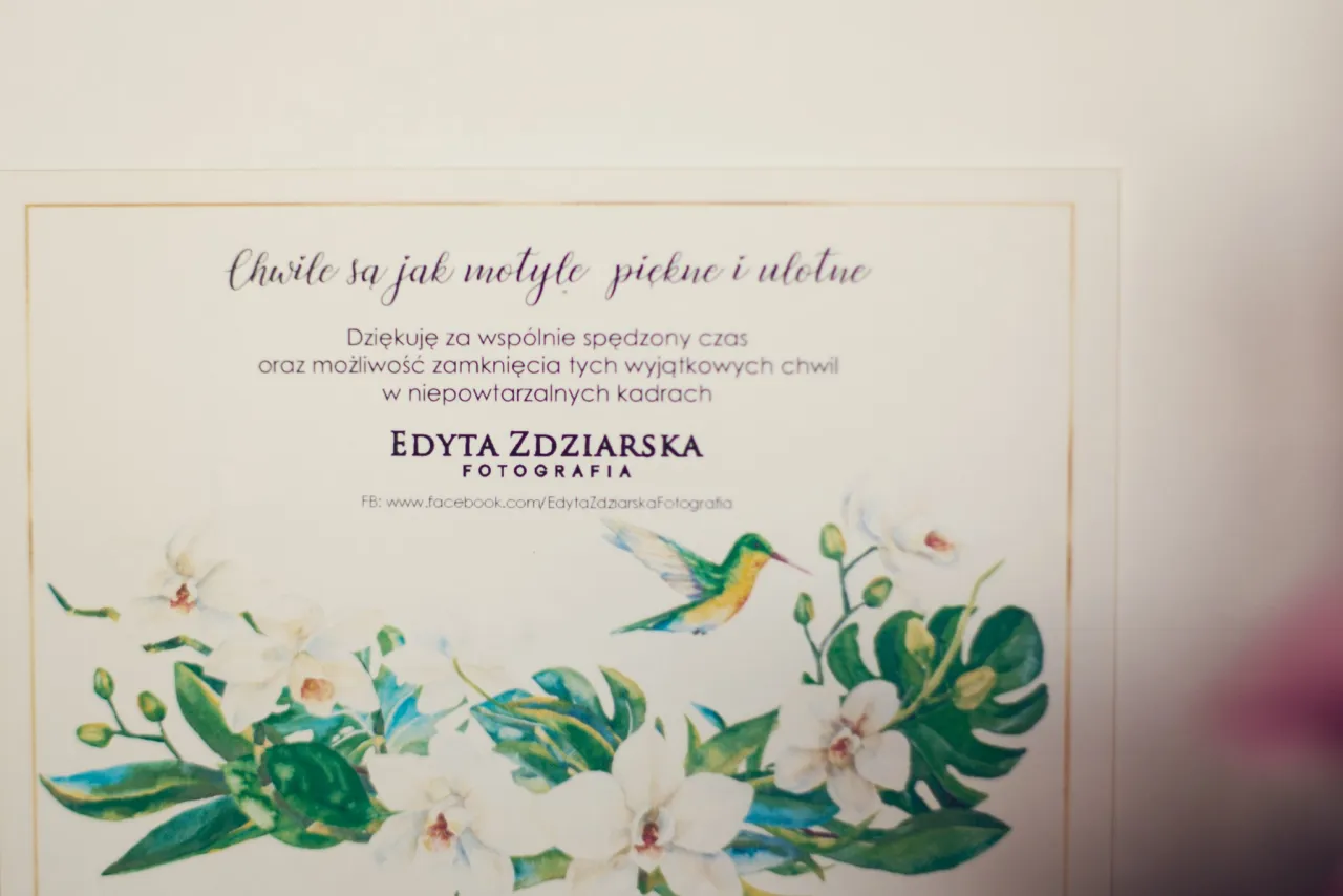 Piękna kartka z podziękowaniem dla fotografa.