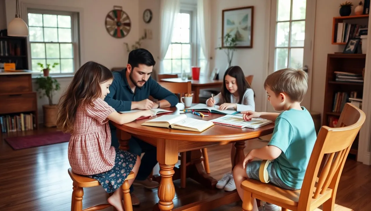 Rodzina ucząca się w domu przy stole