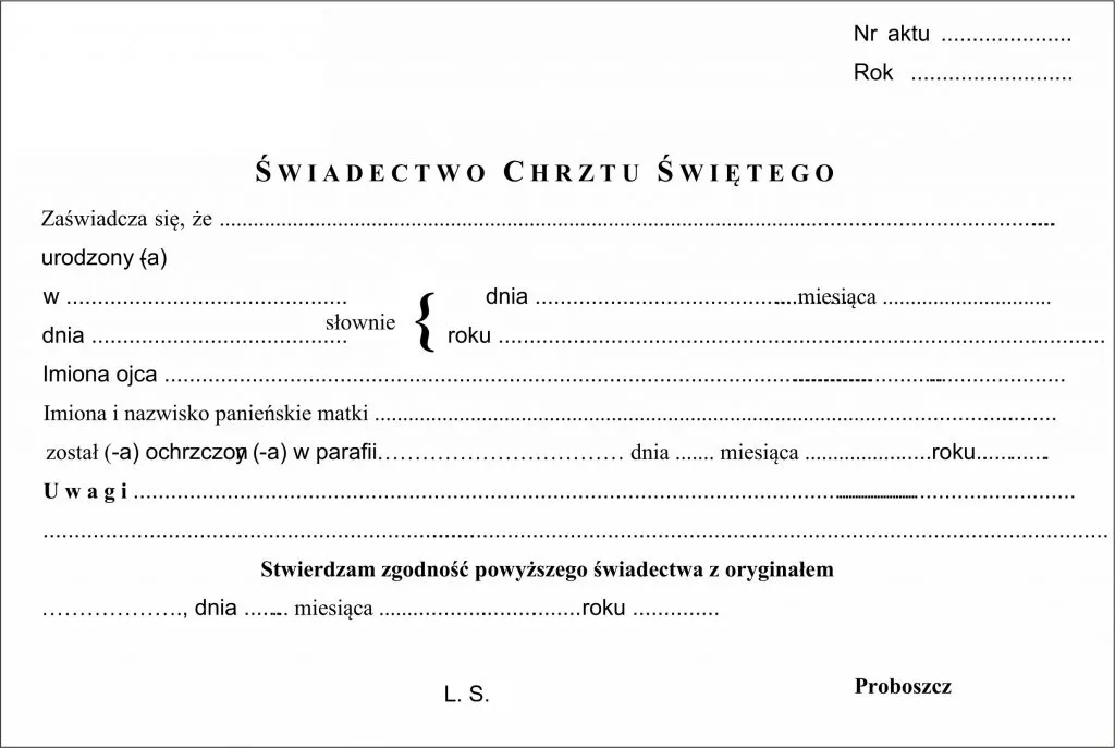 Akt chrztu wzór, dokument kościelny