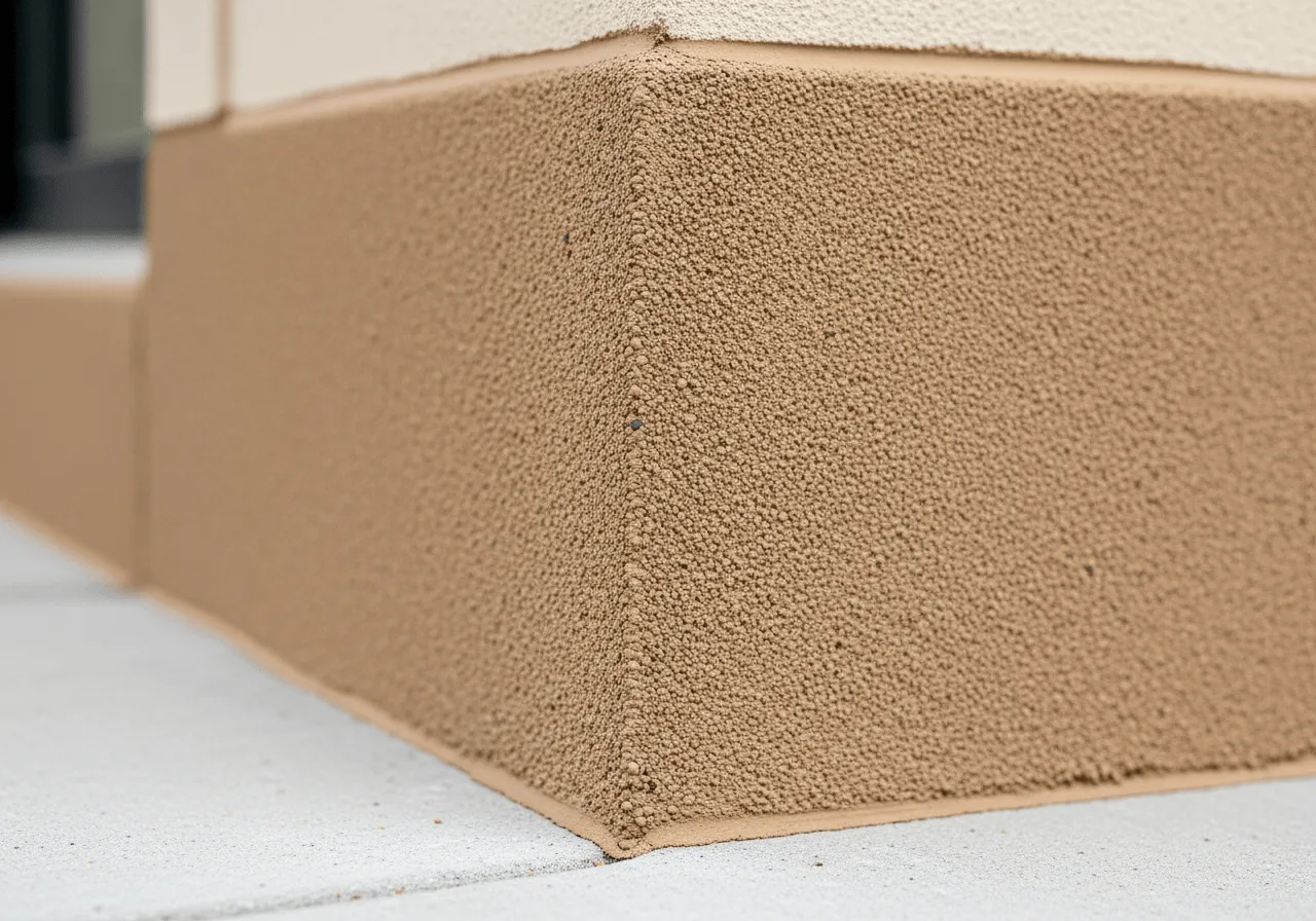 Brązowy podkład pod tynk mozaikowy na rogu budynku, tworzący teksturę drobnych kuleczek.