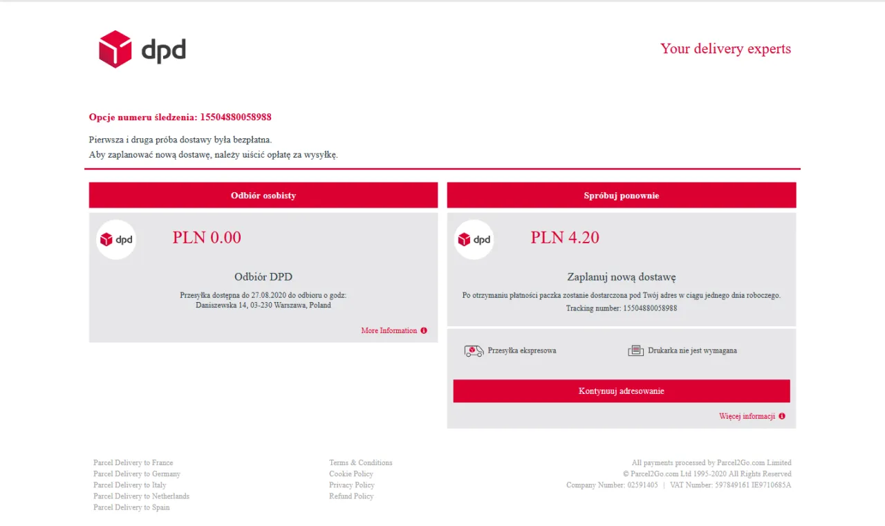 DPD Predict powiadomienie SMS przykład