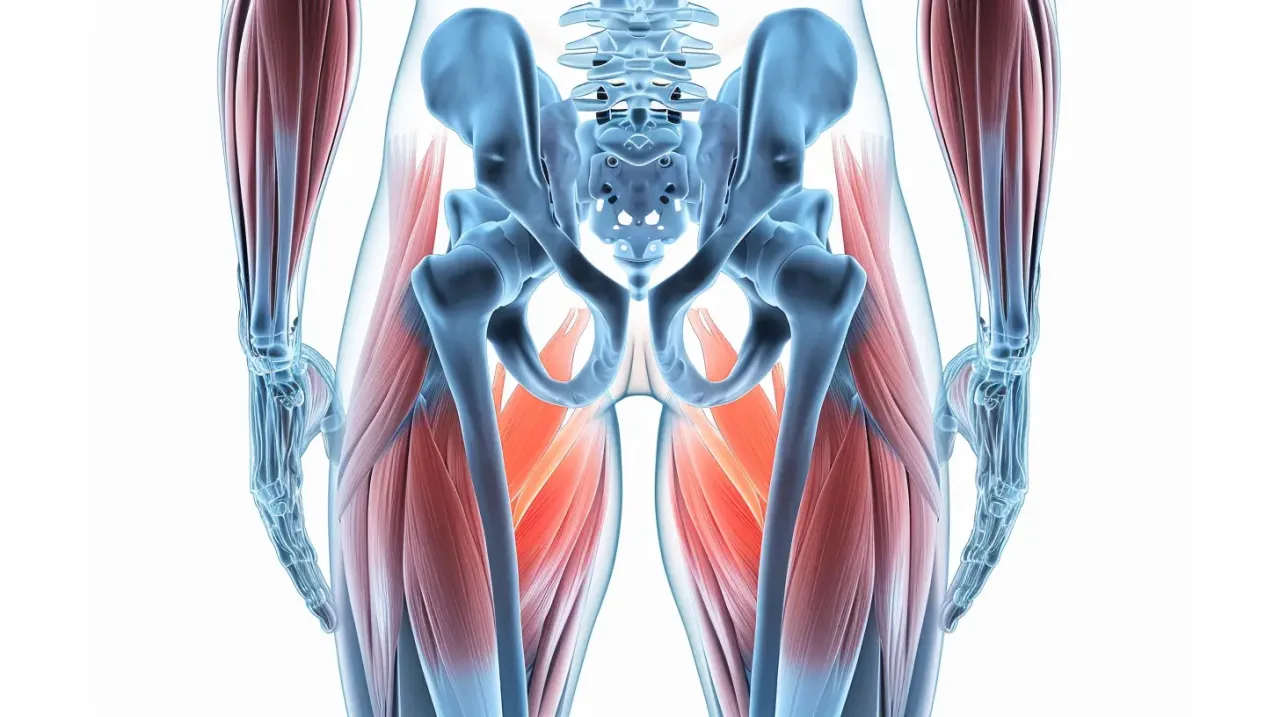 Anatomia miednicy i mięśni udowych, ilustracja pokazująca, jak ćwiczyć mięśnie kegla na siedząco.